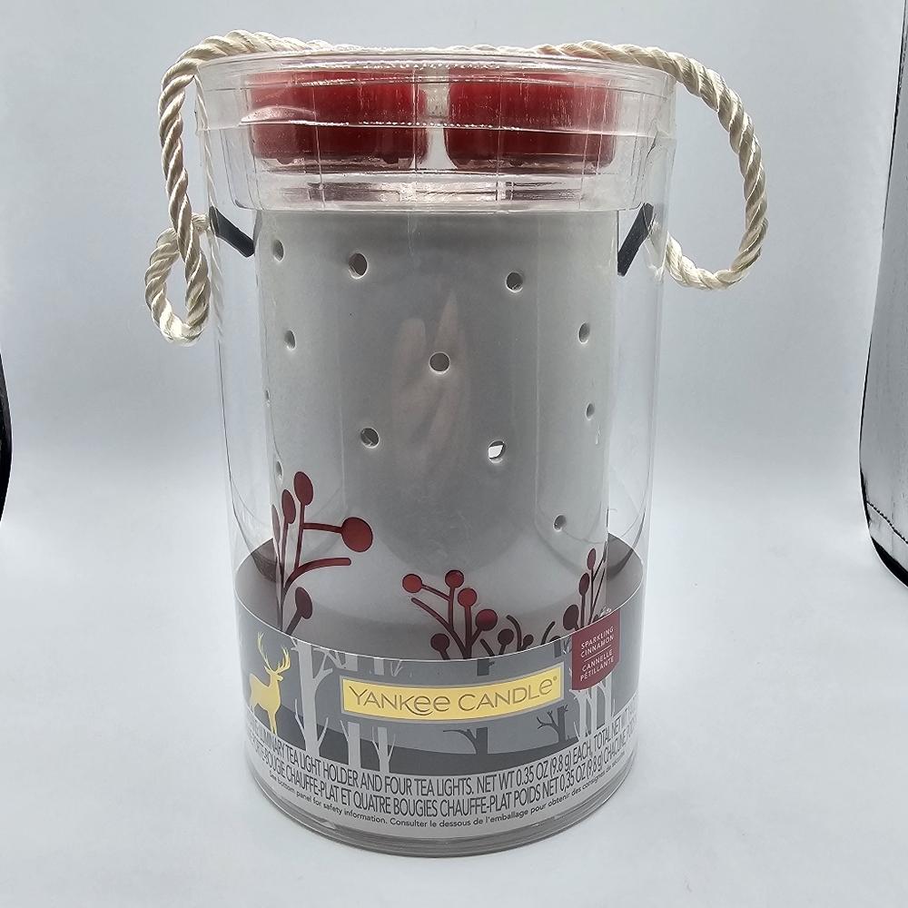 New Yankee Candle Luminary Tea Light Holder Sparkling Cinnamon White/Red Ceramic